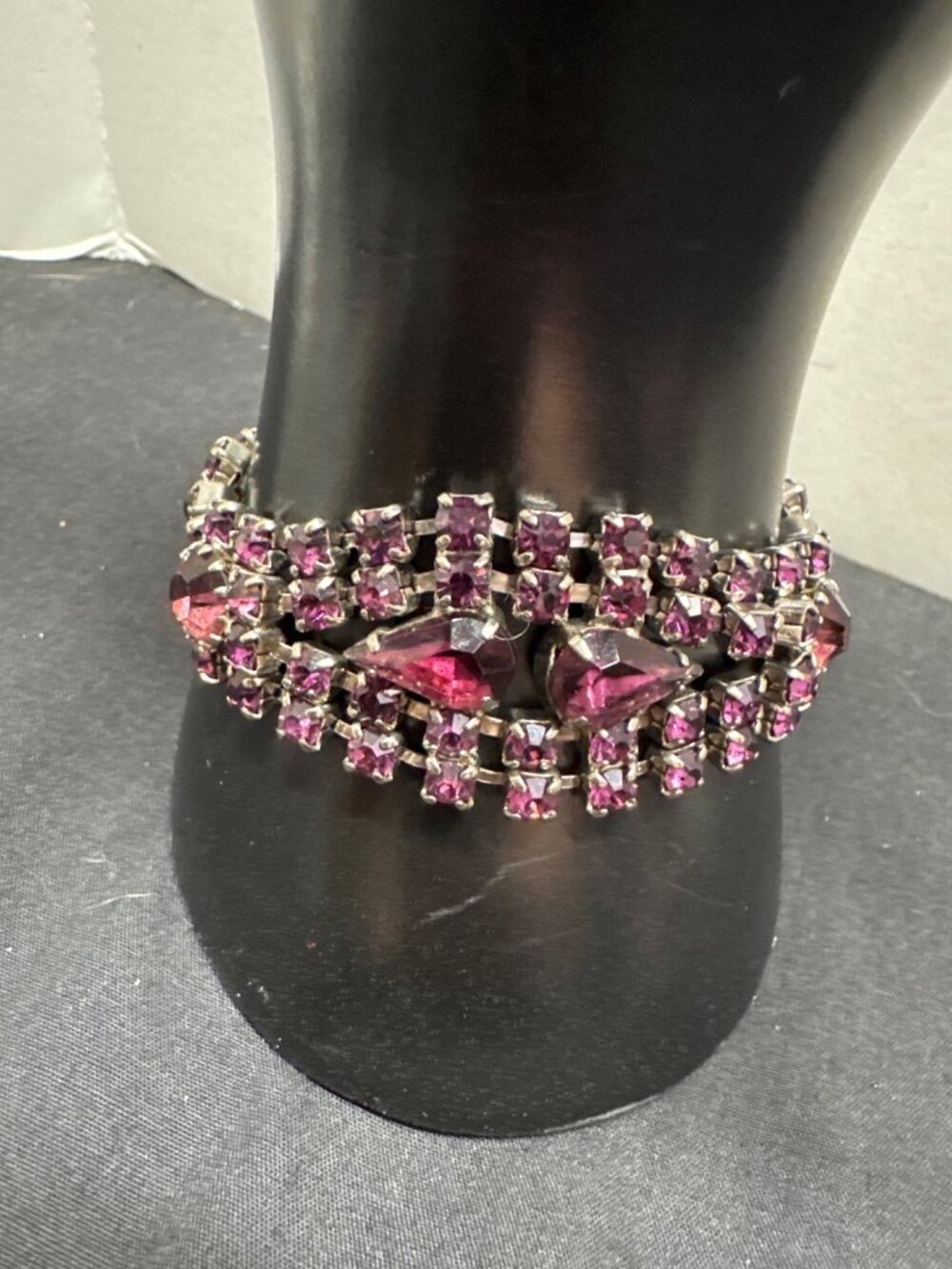 Vintage 50's Silver-Tone Purple Rhinestone Wide Bracelet Elegant Statement Jewel